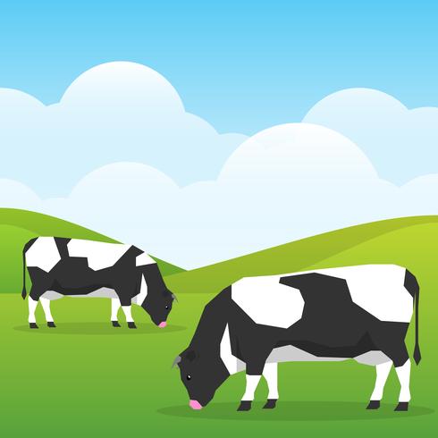 Cows Graze In A Good Sunny Day Field On Nature Background Illustration