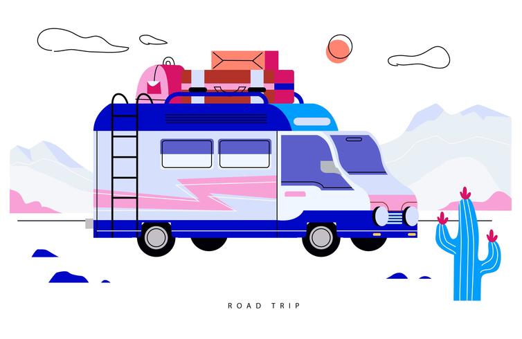 Happy Family Van Road Trip Vector Flat Illustration