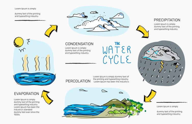 Ciclo de agua dibujado a mano ilustración vectorial infografía vector