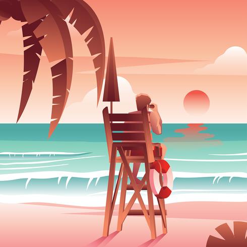 Beach Life Guard Sunset Vector