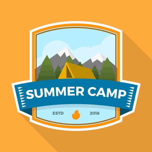 Flat Summer Camp Patch With Landscape Vector Illustration