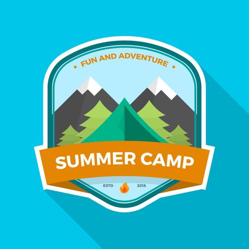 Flat Summer Camp Patch With Landscape Vector Illustration