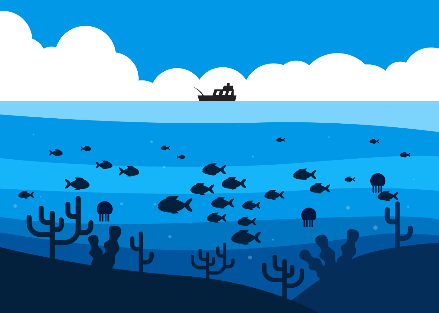 Fish in Deep Sea Under the Fishing Boat Illustration 