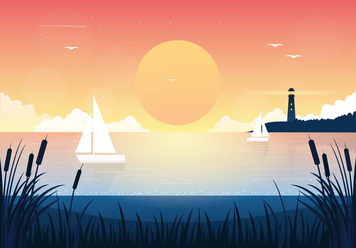 Ilustración de paisaje al atardecer de vector