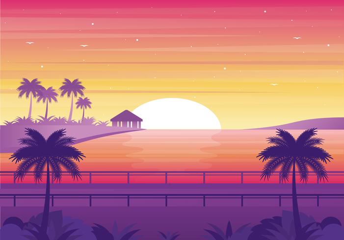 Ilustración de paisaje al atardecer de vector