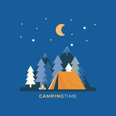 noche, camping, diseño plano, vector