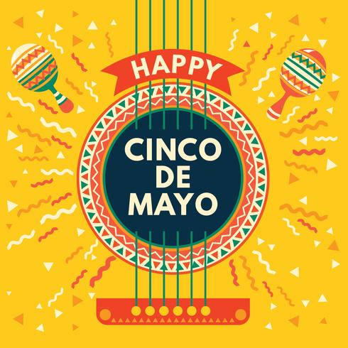 Tarjeta de felicitación mexicana del Cinco de Mayo con fondo de guitarra acústica y maracas vector