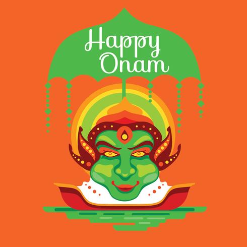 Cara de Kathakali sobre fondo decorativo para el festival indio del sur Onam vector