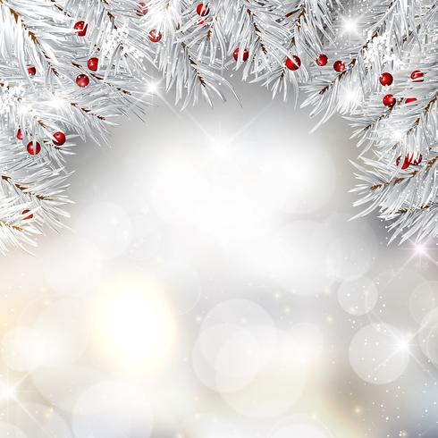 Silver Christmas tree branches and berries on bokeh lights backg vector