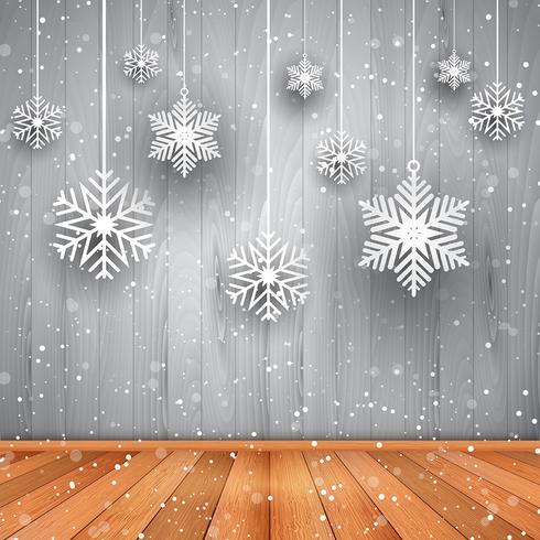 Fondo navideño de copos de nieve colgando. vector