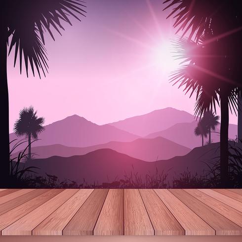 Wooden deck looking out to tropical landscape  vector