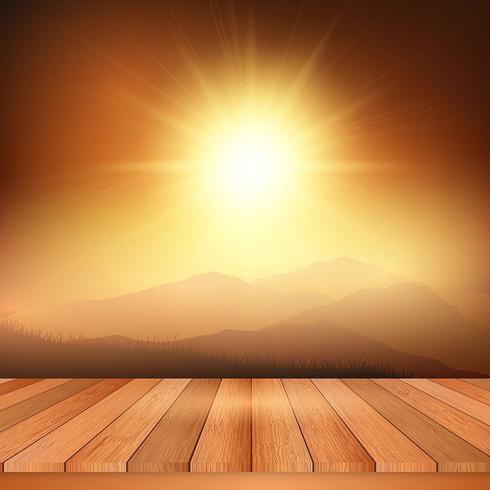 Wooden table looking out to sunny landscape vector