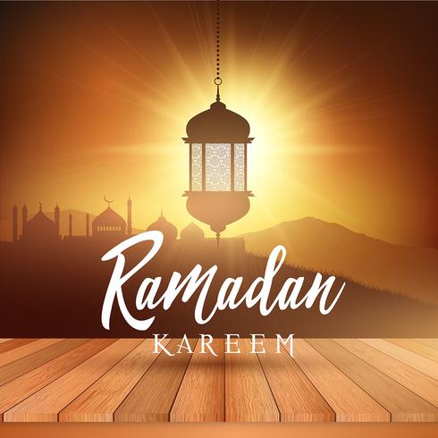 Ramadan landscape background with wooden table vector