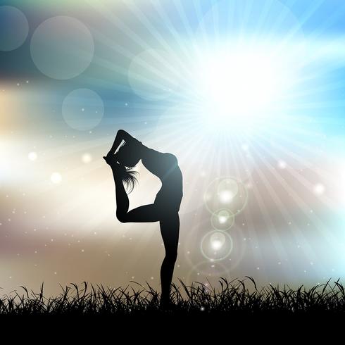 Silhouette of a female in a yoga pose in sunny landscape vector