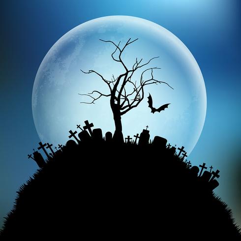 Árbol de Halloween espeluznante contra la luna. vector