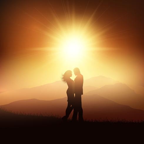 Silueta de una pareja en un paisaje al atardecer vector