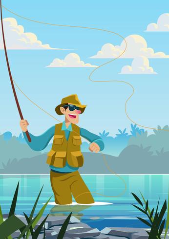 Fly Fisherman Catching Fish vector