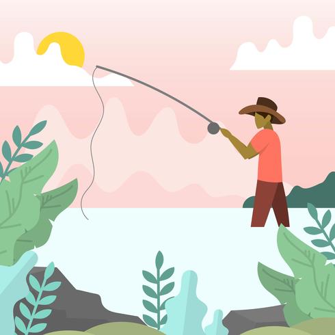 Pescador de mosca moderno plano con ilustración de vector de fondo minimalista