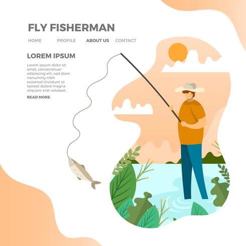 Pescador de mosca moderno plano con ilustración de vector de fondo minimalista