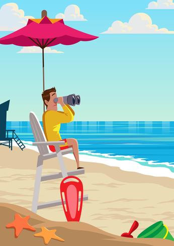 Lifeguard Sitting On Lookout Tower vector