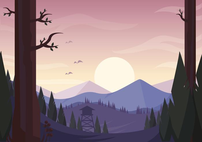 Ilustración de paisaje al atardecer de vector