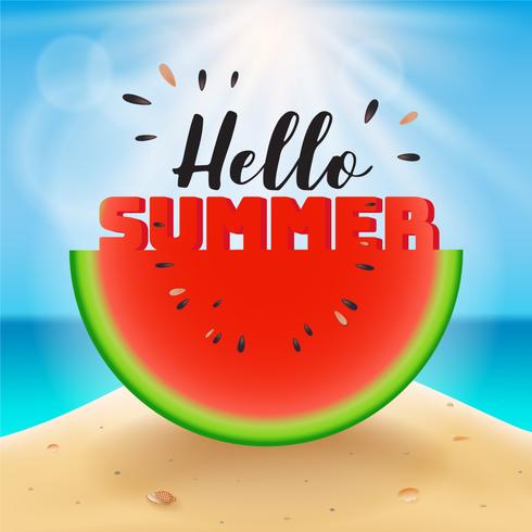 Hello summer lettering on watermelon sliced vector