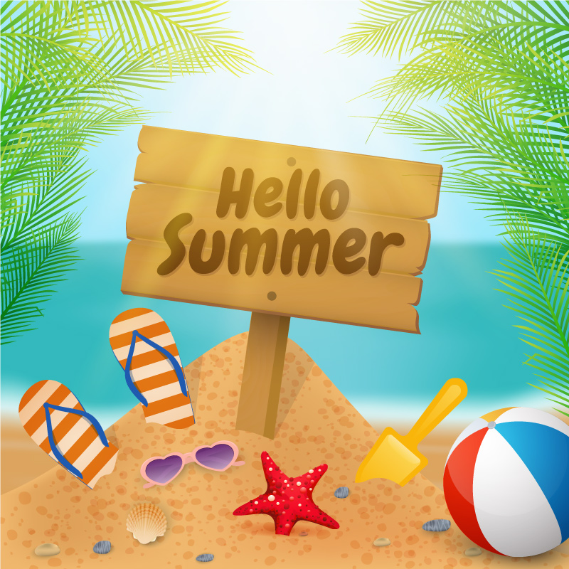 Hello summer wooden signboard on the beach 211162 Vector Art at Vecteezy