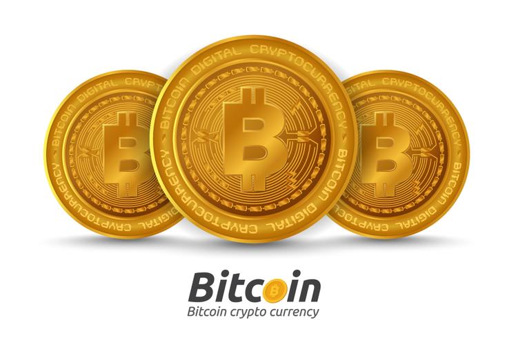 Tres muestra de Bitcoin de oro sobre fondo blanco vector