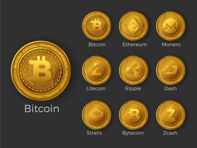 Conjunto de iconos de monedas de criptomoneda de oro vector