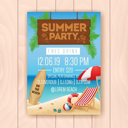 Summer party advertising poster design with hanging signboard an vector