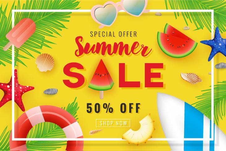 Summer sale banner background design with summer decoration vector