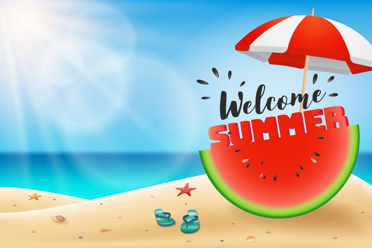 Welcome summer lettering on watermelon sliced under an umbrella vector