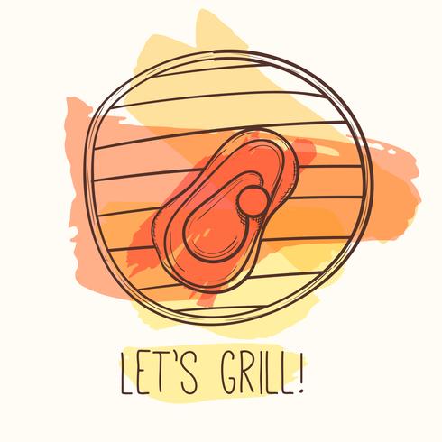 Grill illustration with meat. Vector steak on grill. Hand drawn barbecue