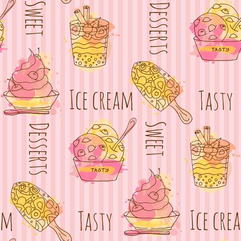 Vector ice cream illustration. Set of 4 hand drawn ice creams with colorful splashes. Seamless pattern