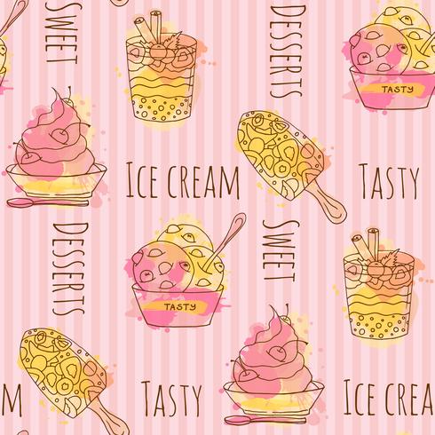 Vector ice cream illustration. Set of 4 hand drawn ice creams with colorful splashes. Seamless pattern