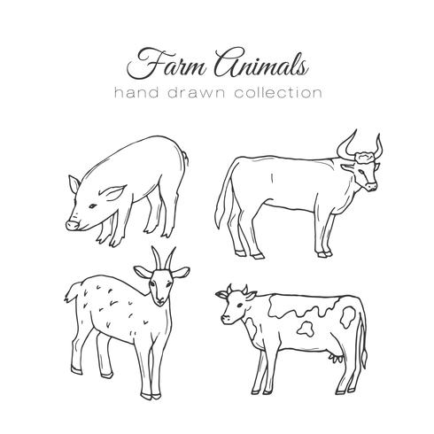 Ilustración de la agricultura. Elementos de la granja del vector. Dibujados a mano animales de granja. vector