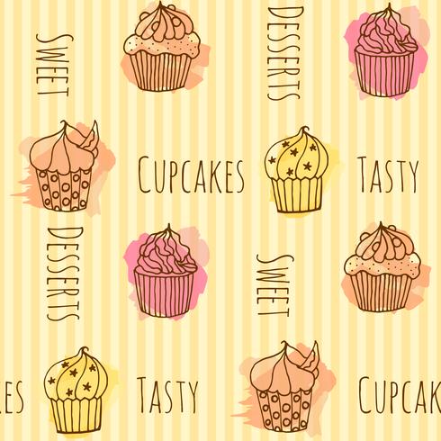 Seamless pattern with vector cupcake illustration. Set of 4 hand drawn cupcakes with colorful splashes. 