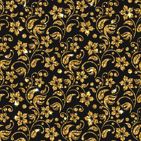 Vector seamless damask pattern with flowers. Golden glitter pattern design. Gold floral background.
