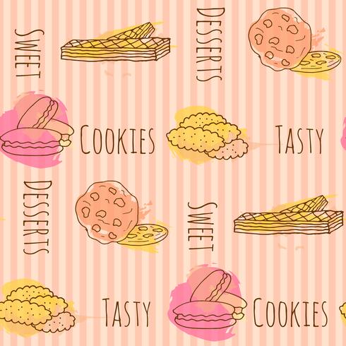 Vector cookie illustration. Seamless pattern hand drawn cookies with colorful splashes. Sweet macaroons and wafers.