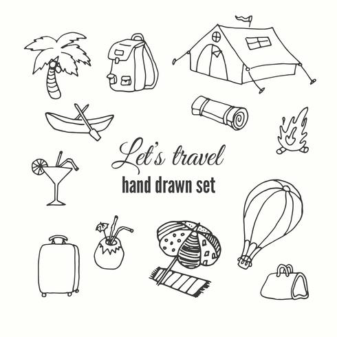 Travel elements set. Vector design of traveler elements. Trip hand sketched illustation.