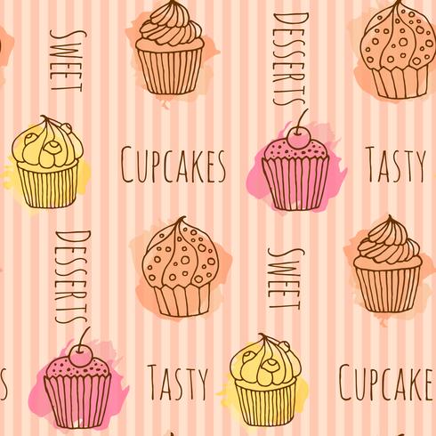 Seamless pattern with vector cupcake illustration. Set of 4 hand drawn cupcakes with colorful splashes. 