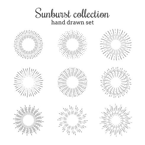 Sunburst vector collection. Retro rays frames. Star burst hand drawn circles. Sunshine decorative elements.