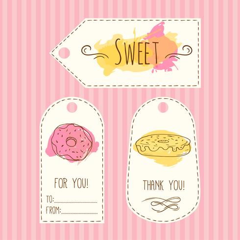 Tags with donut illustration. Vector hand drawn labels set  watercolor splashes. Sweet  pastry