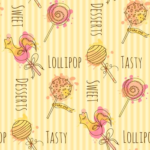 Seamless pattern. Vector candy illustration. Set of hand drawn lollipops with colorful splashes. Cake pop with cream design.