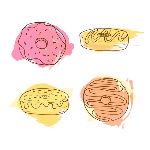 Ilustración de vector donut. Set de 4 donuts dibujados a mano con coloridas salpicaduras de acuarela. Dulce pastelería de colección.