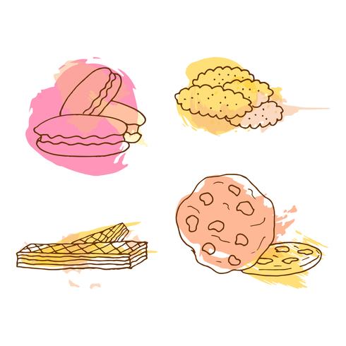 Vector cookie illustration. Set of hand drawn cookies with colorful splashes.