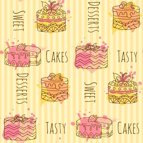 Seamless pattern with vector cupcake illustration. Set of 4 hand drawn cupcakes with colorful splashes. 