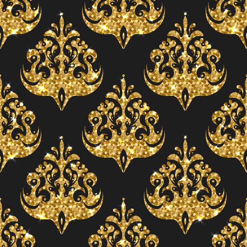 Golden glitter seamless pattern. Vector background with damask o