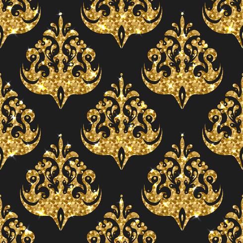 Golden glitter seamless pattern. Vector background with damask o