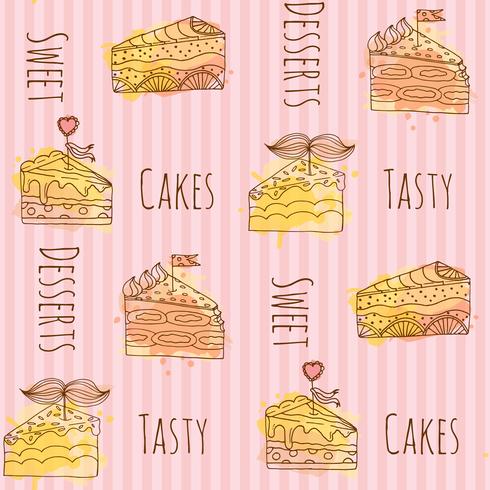 Vector cake illustration. Set of 4 hand drawn cakes with colorful watercolor splashes. Seamless pattern.